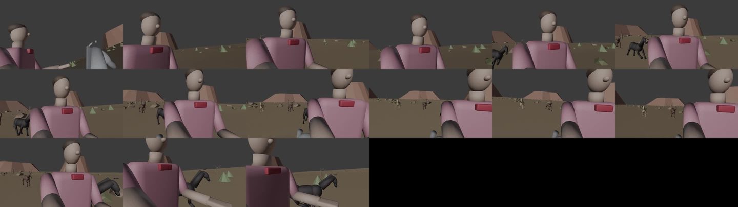 Contact sheet of the Blender blockout after the grab: mannequin rider on a grey horse, horizon rocking, herd passing