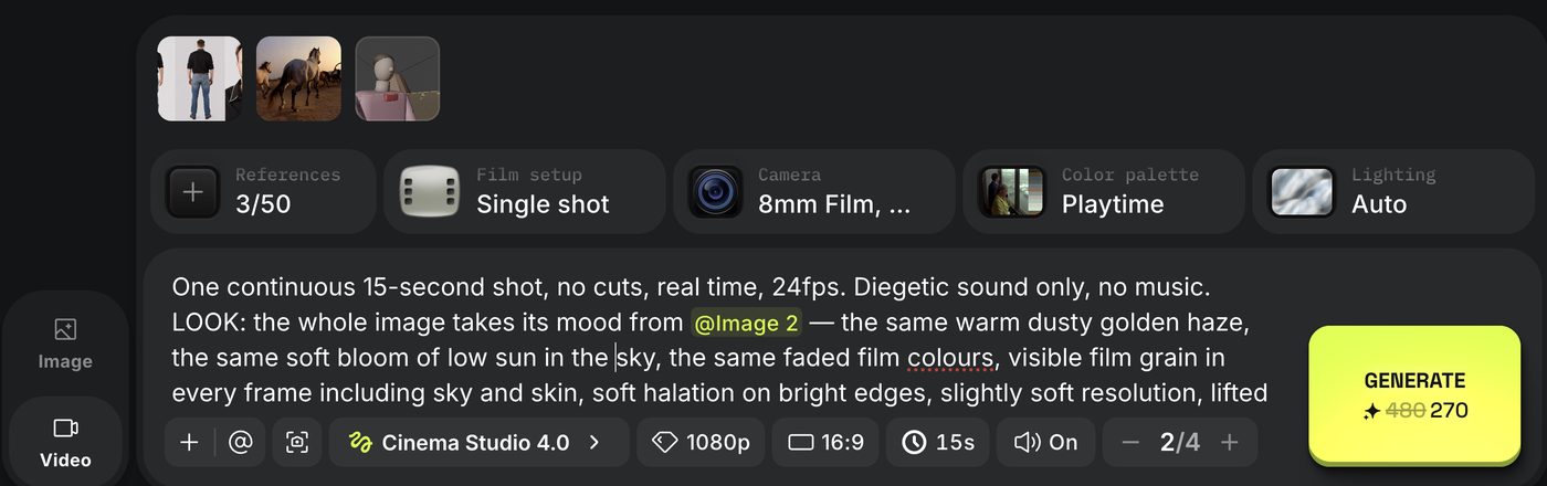 Higgsfield Cinema Studio 4.0 panel: three references, Film setup Single shot, Camera 8mm Film, Color palette Playtime, Lighting Auto, 1080p, 16:9, 15 s, audio on
