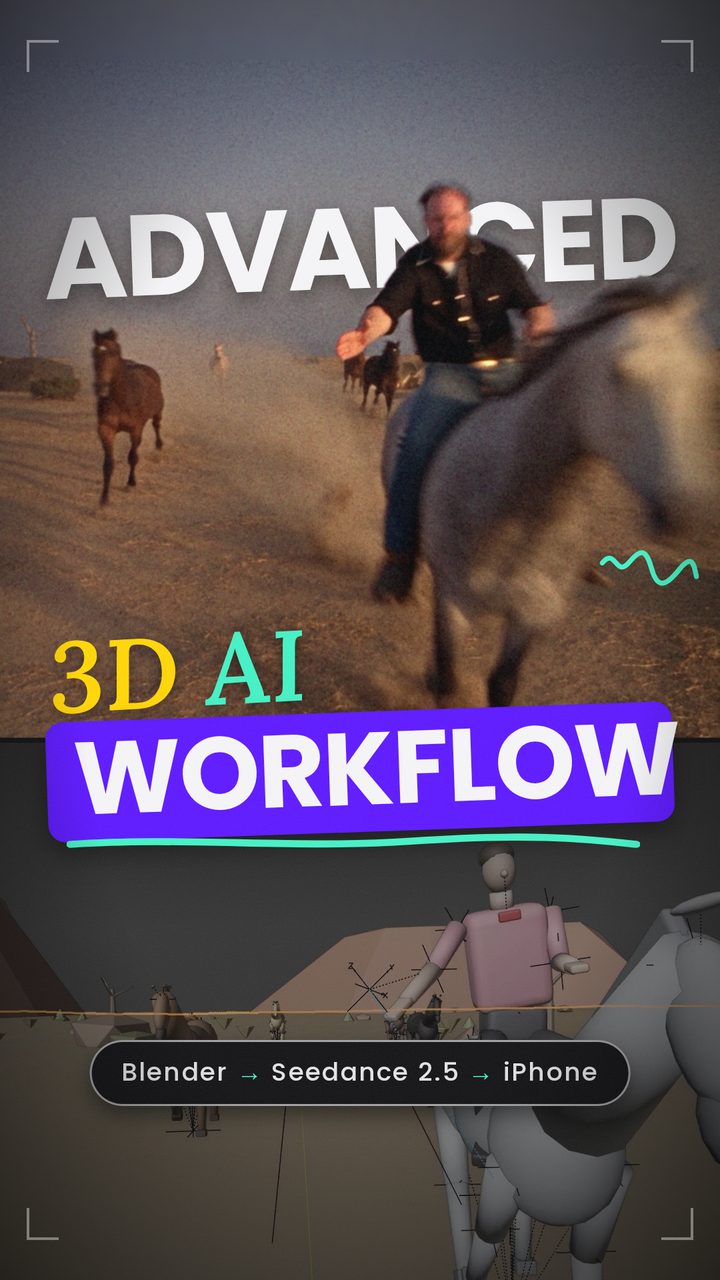 Cover of the reel: the rider reaching for the camera on top, the Blender blockout of the same frame below