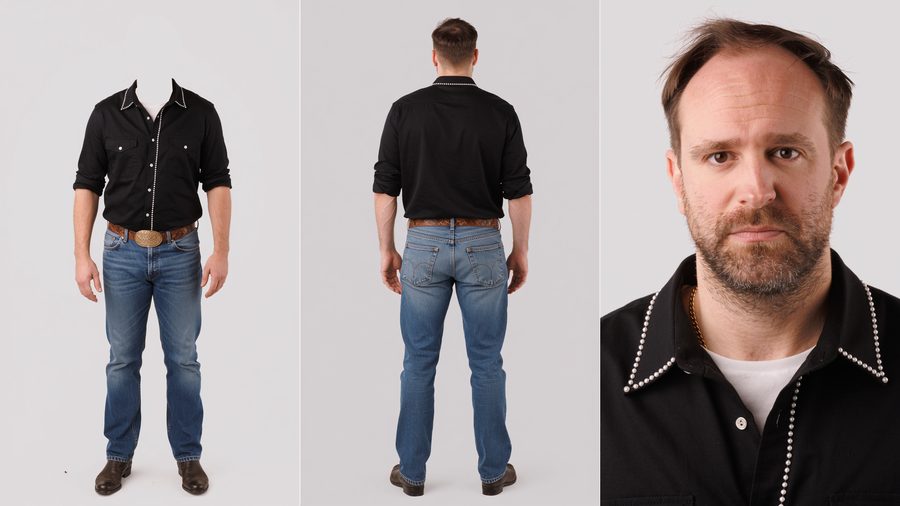 Three-panel character sheet: black pearl-snap western shirt front without head, back view, face close-up